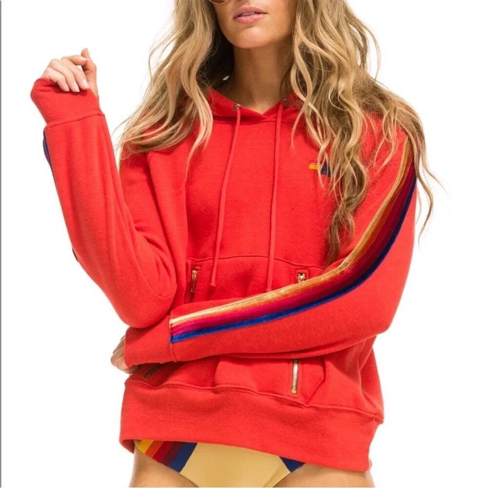 AVIATOR NATION Velvet Stripe Zipped Pocket Hoodie Small S